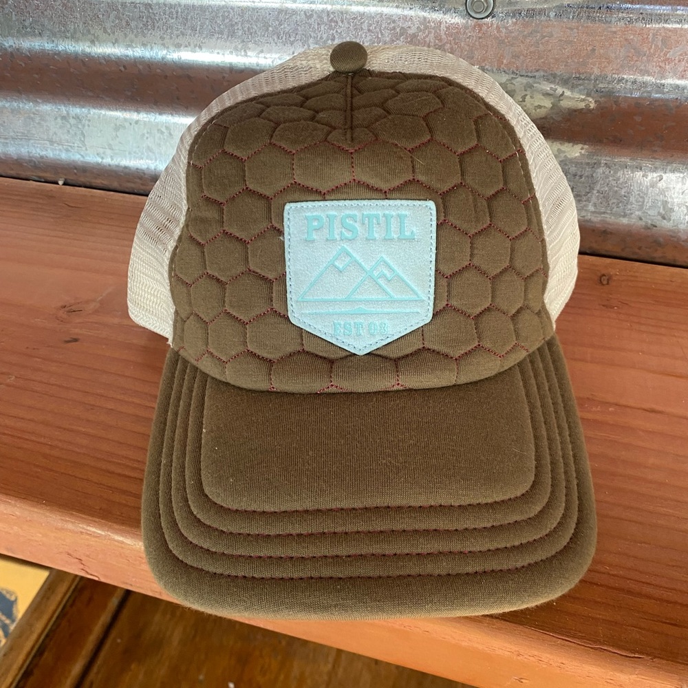 pistil Brown and Cream Quilted Trucker Hat with Light Blue Patch